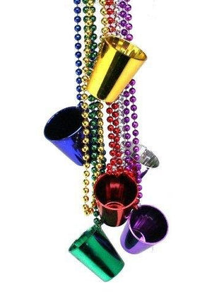 33" Metallic Mardi Gras Shot Glass Bead Necklaces - SKU:MG-SHO33 - UPC:097138635976 - Party Expo