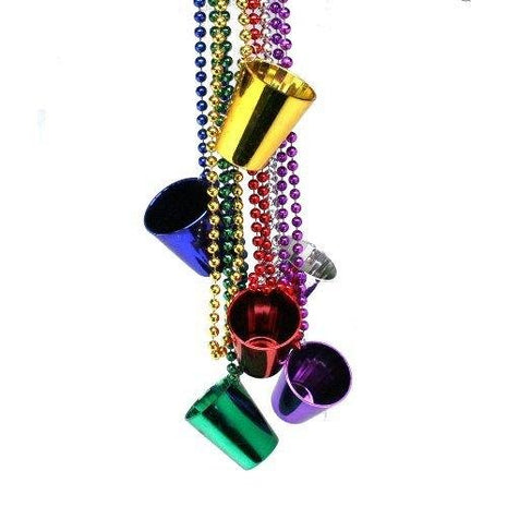 33" Metallic Mardi Gras Shot Glass Bead Necklaces - SKU:MG-SHO33 - UPC:097138635976 - Party Expo
