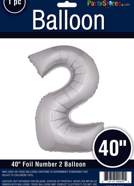 40" Number '2' Mylar Balloon - Silver - SKU:QX-317S2 - UPC:672713490524 - Party Expo