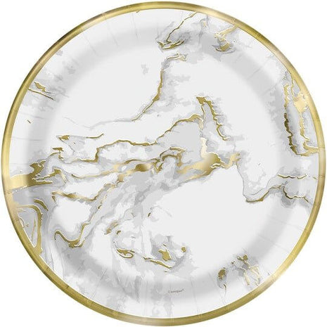 7" Foil Gold Marble Paper Plates - SKU:73904 - UPC:011179739042 - Party Expo