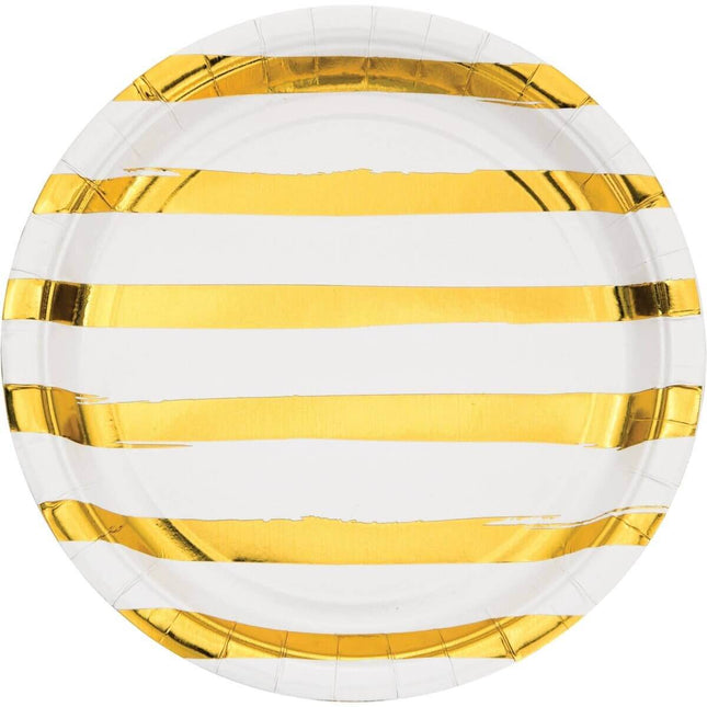 9" White & Gold Striped Dinner Plates (8ct) - SKU:329958- - UPC:039938485177 - Party Expo