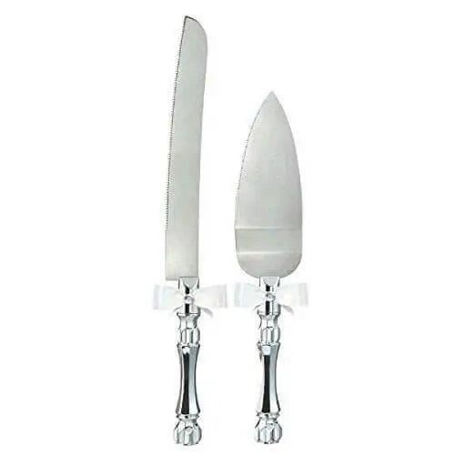 Elegant Silver Server Set with White Bow & Gem for Wedding Cakes - Party Expo