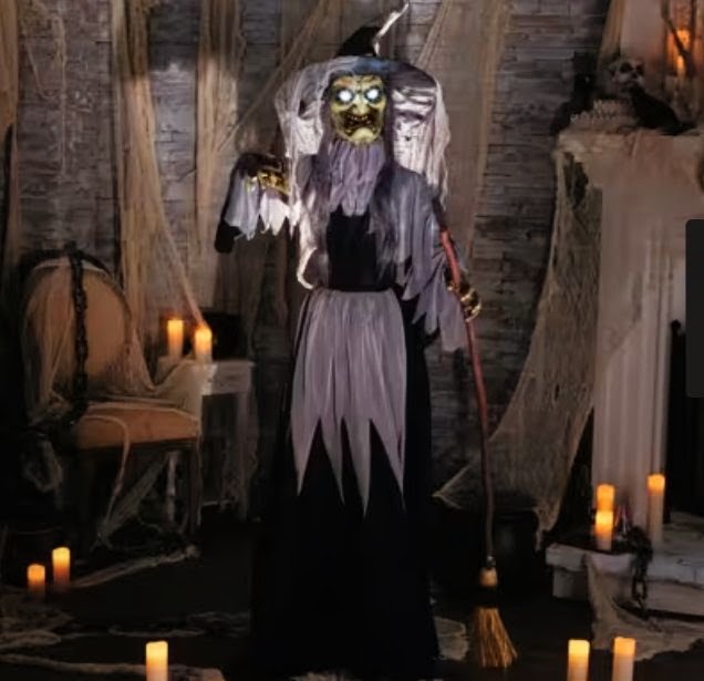 Life-Size Animated Body-Turning Witch Standing Halloween Decoration - 6 ft Party Expo  