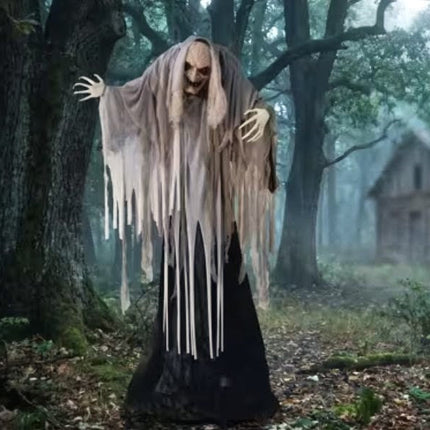 Life-Size Animated Wrinkled Reaper with Hair Standing Halloween Decoration - 5 ft Party Expo  