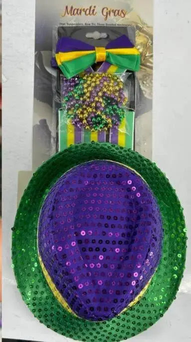 Mardi Gras Kit (Hat, Bow Tie, Suspenders, Beads) - Party Expo