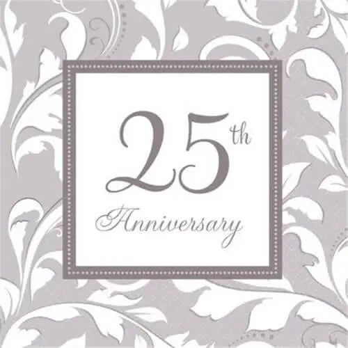 Silver Elegant Scroll 25th Anniversary Beverage Napkins (16ct) - Party Expo