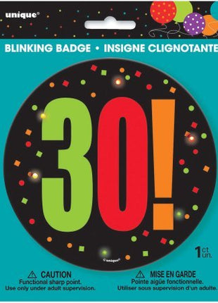 Birthday Cheer - 30th Birthday Blinking Badge - SKU:45903 - UPC:011179459032 - Party Expo