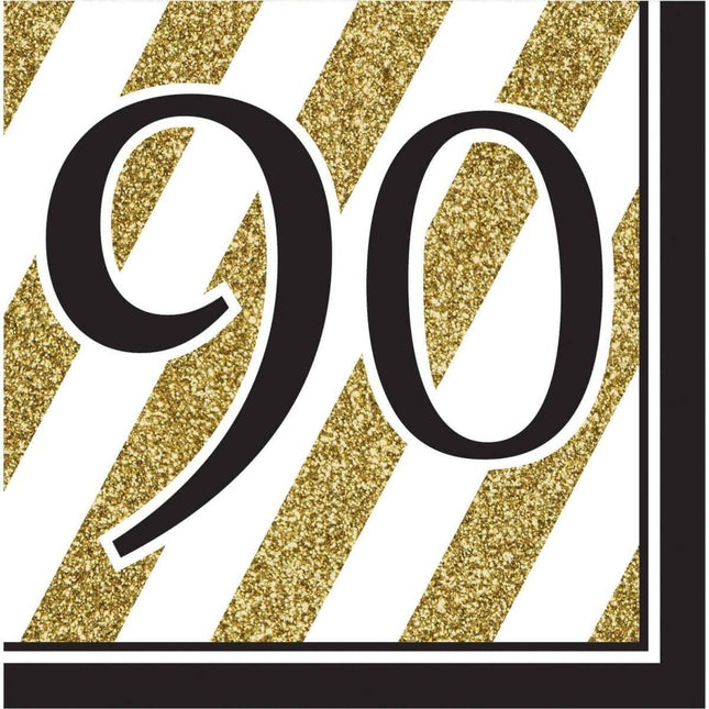 Black & Gold "90" Lunch Napkins (16ct) - SKU:317545 - UPC:039938330712 - Party Expo