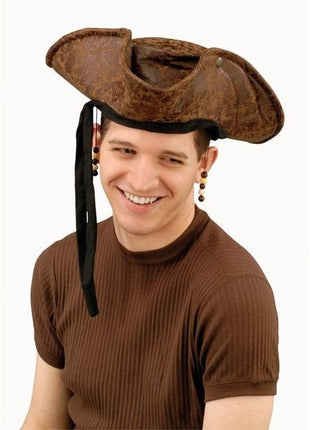 Brown Distressed Pirate Hat with Beads - SKU:61210 - UPC:721773612107 - Party Expo