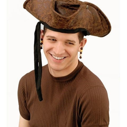 Brown Distressed Pirate Hat with Beads - SKU:61210 - UPC:721773612107 - Party Expo