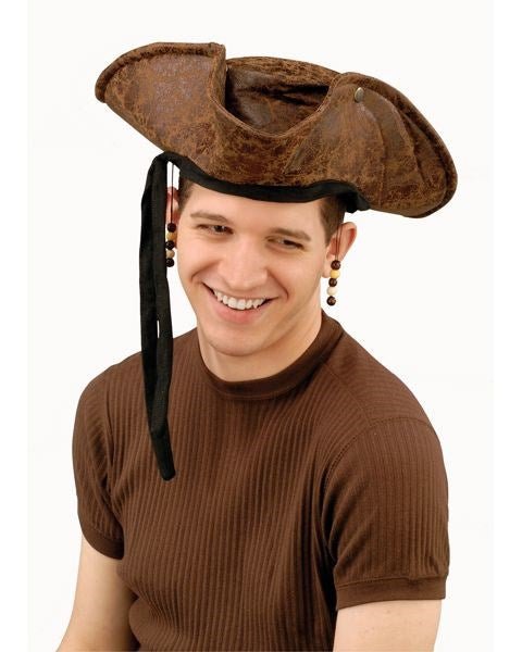 Brown Distressed Pirate Hat with Beads - SKU:61210 - UPC:721773612107 - Party Expo