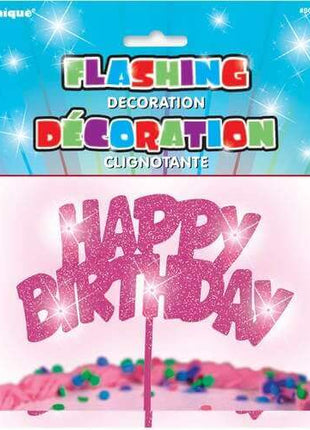 Flashing Pink Happy Birthday Cake Topper (1ct) - SKU:90879 - UPC:011179908790 - Party Expo