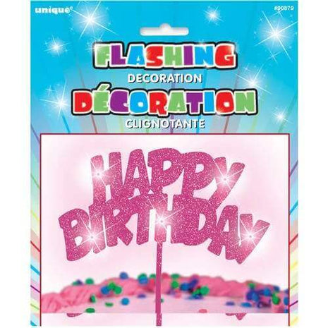 Flashing Pink Happy Birthday Cake Topper (1ct) - SKU:90879 - UPC:011179908790 - Party Expo