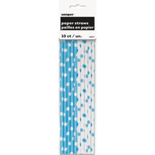 Light Blue Polka Dots Paper Straws - SKU:62077 - UPC:011179620777 - Party Expo