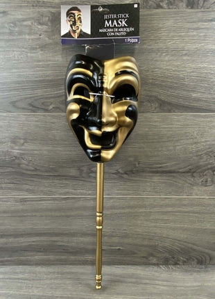 Mens Gold Jester Venetian Stick Masquerader Ball Mask - SKU:13187 - UPC:809801761321 - Party Expo