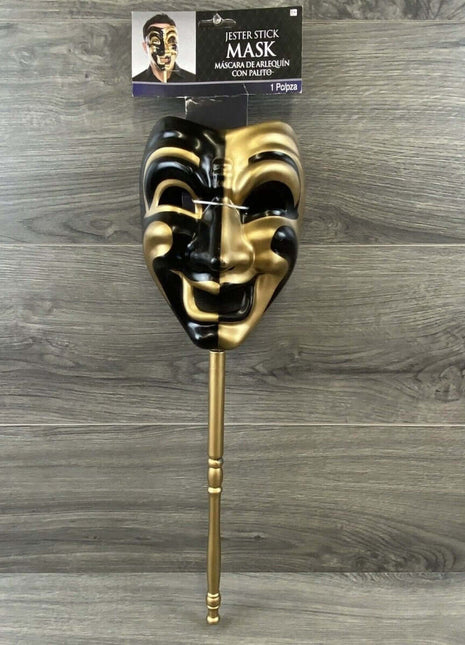 Mens Gold Jester Venetian Stick Masquerader Ball Mask - SKU:13187 - UPC:809801761321 - Party Expo