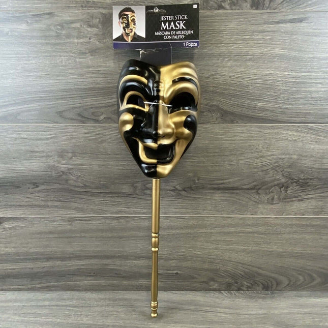 Mens Gold Jester Venetian Stick Masquerader Ball Mask - SKU:13187 - UPC:809801761321 - Party Expo