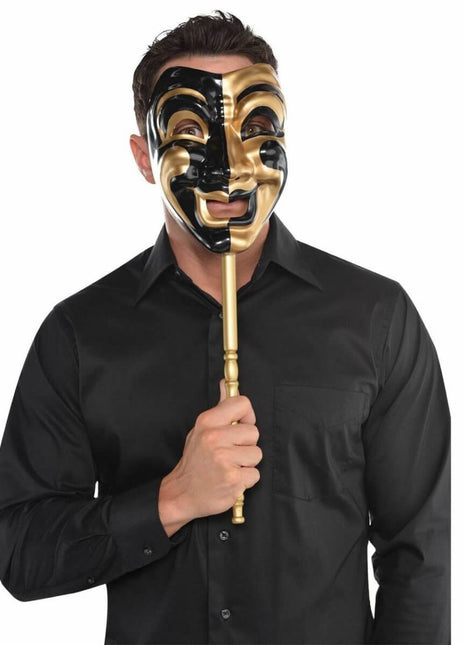 Mens Gold Jester Venetian Stick Masquerader Ball Mask - SKU:13187 - UPC:809801761321 - Party Expo