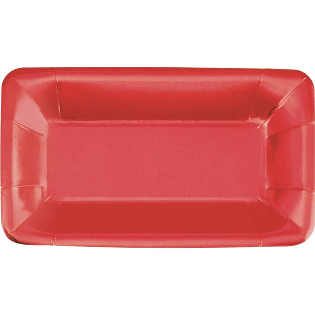 Metallic Red Foil Rectangular Paper Appetizer Plates, 9 X 5 in, - SKU:158048660981 - UPC:011179516582 - Party Expo