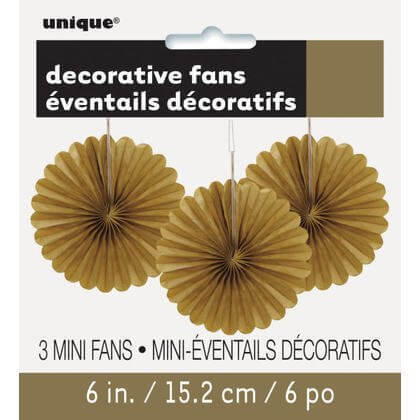 Paper Decorative Fan 6" Gold - 3 ct. - SKU:63263 - UPC:011179632633 - Party Expo