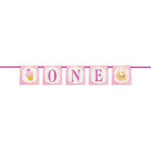 Pink & Gold 1st Birthday Floral Banner - SKU:58157 - UPC:011179581573 - Party Expo