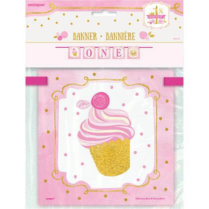 Pink & Gold 1st Birthday Floral Banner - SKU:58157 - UPC:011179581573 - Party Expo