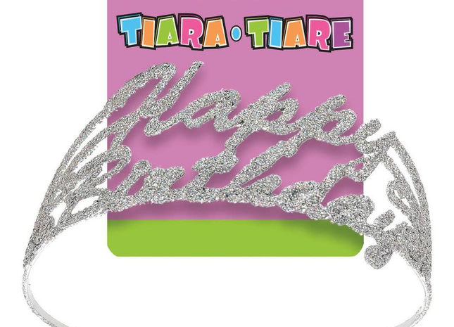 Plastic Glitter Script Happy Birthday Tiara - SKU:90071 - UPC:011179900718 - Party Expo