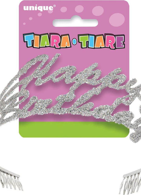 Plastic Glitter Script Happy Birthday Tiara - SKU:90071 - UPC:011179900718 - Party Expo