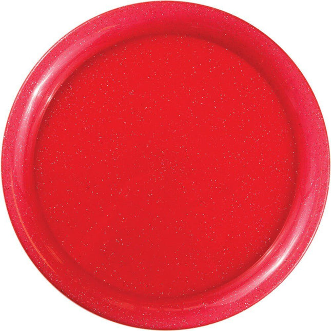 Red Glitter Round Plastic Tray - SKU:325474 - UPC:039938427764 - Party Expo