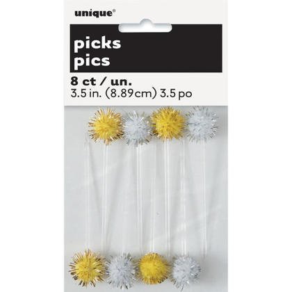 Silver and Gold Pom Pom Toothpicks (8ct) - SKU:62887 - UPC:011179628872 - Party Expo