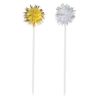 Silver and Gold Pom Pom Toothpicks (8ct) - SKU:62887 - UPC:011179628872 - Party Expo