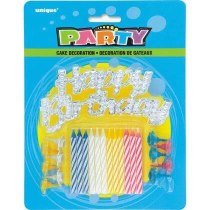 Silver Cake Topper with 12 Birthday Candles - SKU:49001 - UPC:011179490011 - Party Expo