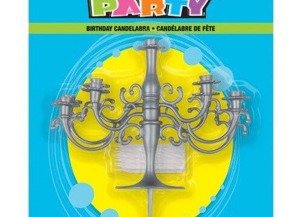 Silver Candelabra Cake Topper with Birthday Candles - SKU:71155 - UPC:011179711550 - Party Expo