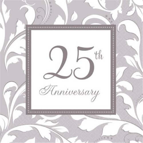 Silver Elegant Scroll 25th Anniversary Beverage Napkins (16ct) - SKU:5038501 - UPC:013051353216 - Party Expo