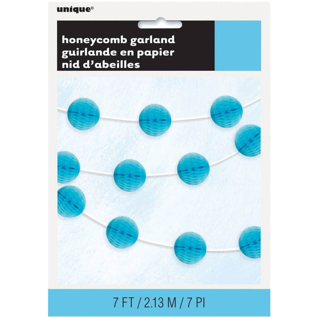 Tissue Paper Honeycomb Ball Garland Powder Blue 7ft. - SKU:63378 - UPC:011179633784 - Party Expo