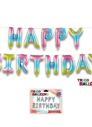 Trico - 14" Happy Birthday Mylar Balloon Banner - Rainbow - SKU:BP2075H - UPC:810057951015 - Party Expo