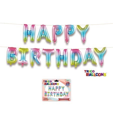 Trico - 14" Happy Birthday Mylar Balloon Banner - Rainbow - SKU:BP2075H - UPC:810057951015 - Party Expo