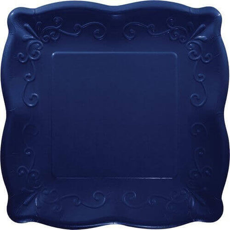 10" Square Banquet Embossed Plates - Navy Blue - SKU:333396 - UPC:039938524197 - Party Expo