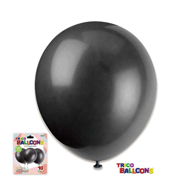 12" Black Latex Balloon - 10 count - SKU:BP2080 Black - UPC:00810057951640 - Party Expo