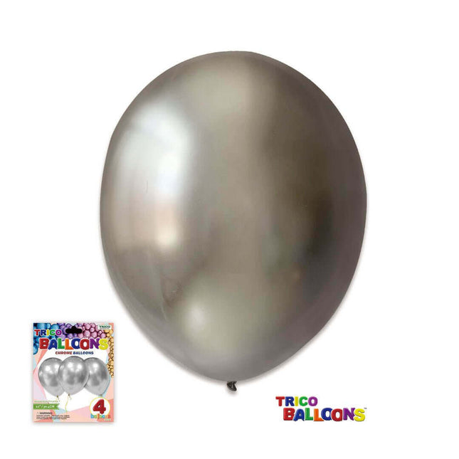 12" Chrome Silver Latex - 4 count - SKU:BP2402 Chrome silver - UPC:810057952920 - Party Expo