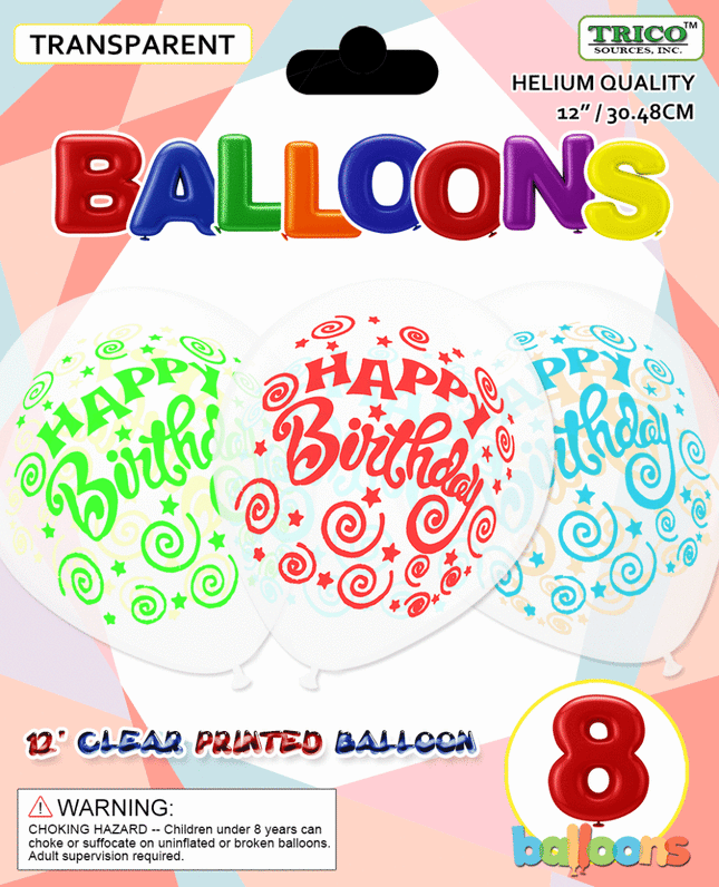 12" Clear Birthday Latex Balloons (8ct) - SKU:BP2088 - UPC:00810057951886 - Party Expo