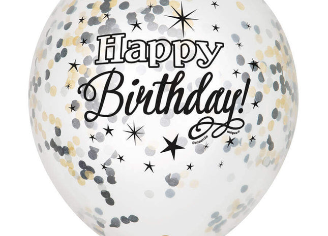 12" Glittering Birthday Clear Latex Balloons with Confetti (6ct) - SKU:58285 - UPC:011179582853 - Party Expo