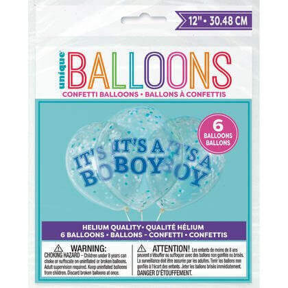 12" It's A Boy Clear Latex Balloon with Confetti - SKU:56407 - UPC:011179564071 - Party Expo