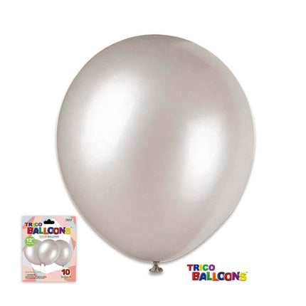 12" Silver Latex Balloon - 10 count - SKU:BP2080S - UPC:00810057951572 - Party Expo