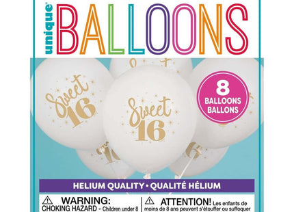 12" Sweet 16 Latex Balloons - White & Gold (8ct) - SKU:54915 - UPC:011179549153 - Party Expo