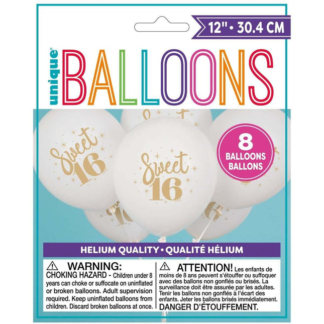 12" Sweet 16 Latex Balloons - White & Gold (8ct) - SKU:54915 - UPC:011179549153 - Party Expo