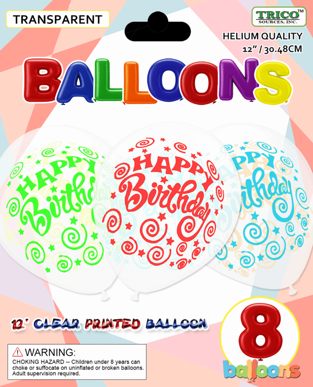 12" Clear Birthday Latex Balloons (8ct) Party Expo  