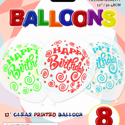 12" Clear Birthday Latex Balloons (8ct) Party Expo  