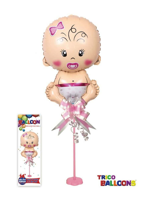 14" Baby Girl with Pacifier Mylar Balloon Centerpiece with Stand - SKU:BP2092PK - UPC:810057953675 - Party Expo