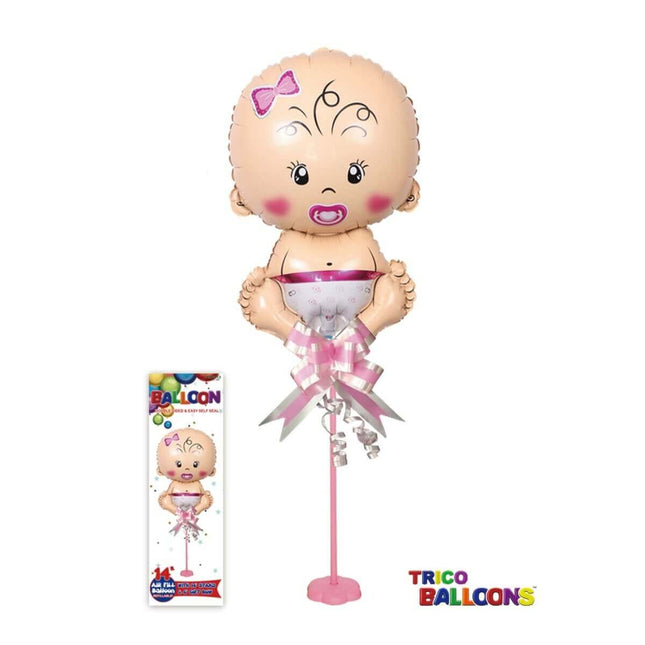 14" Baby Girl with Pacifier Mylar Balloon Centerpiece with Stand - SKU:BP2092PK - UPC:810057953675 - Party Expo